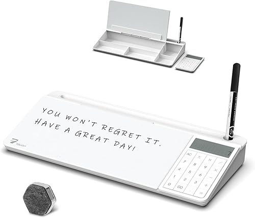 Miniatura 1 de TOWON Pizarra blanca de cristal de escritorio con calculadora básica, pantalla LCD de 12 dígitos, organizadores de escritorio con accesorios para