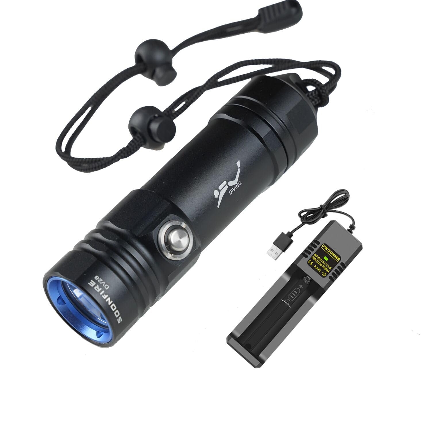 soonfire DV28 Scuba Dive Light with power indicator showing green for sufficient power, orange for half power, and red for low power.