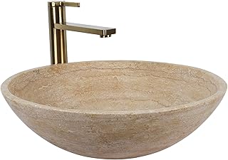 Natural 17 Inch Travertine Stone Round Vessel Sink for Bathroom, Beige M...