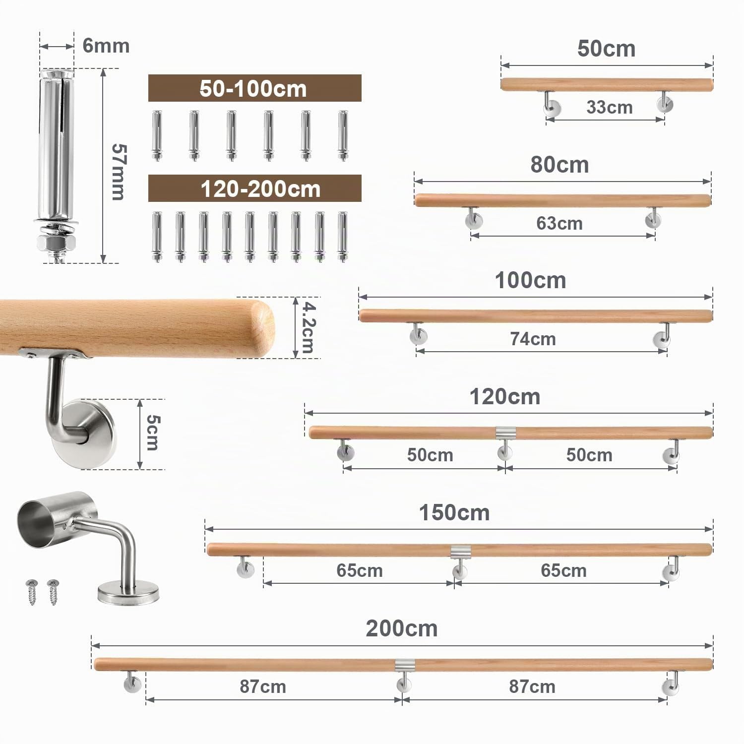 Main courante en bois de hêtre - 80 cm - Rampe d'escalier murale - Avec support mural et embouts, main courante ronde de 42 mm de diamètre - Antidérapante - Pour escaliers, balcon