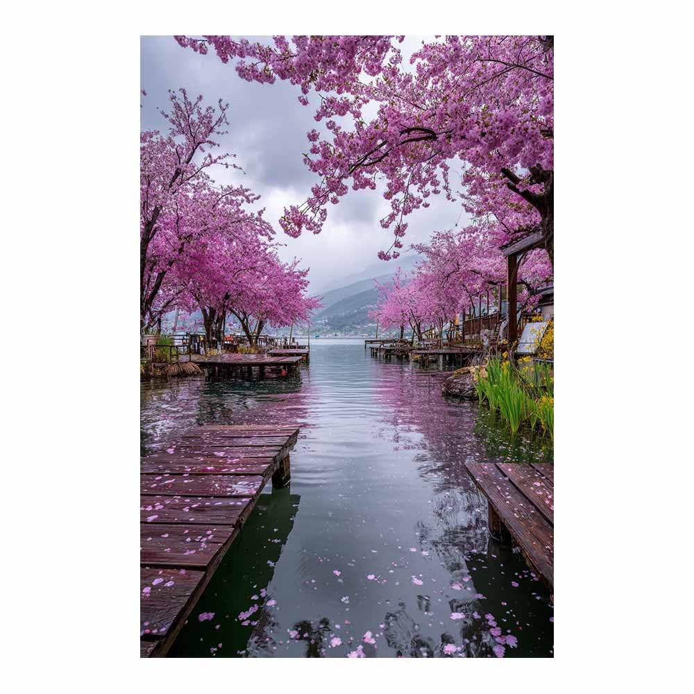 HOQIU Beautiful wall art Lakeside Blossoms Pier canvas artwork for wall, art prints, For living room, bedroom, bathroom, dining room, painting and decor.(Multicolor)-60x80cm Unframed
