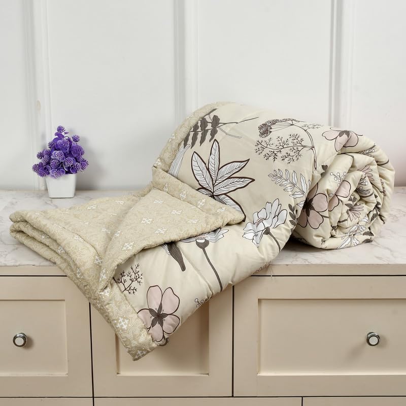 Image of Florida Cream Floral Polycotton Double Bed AC Comforter with 1 Bedsheet & 2 Pillow Covers | Lightweight Reversible 4 Pc Bedding Set