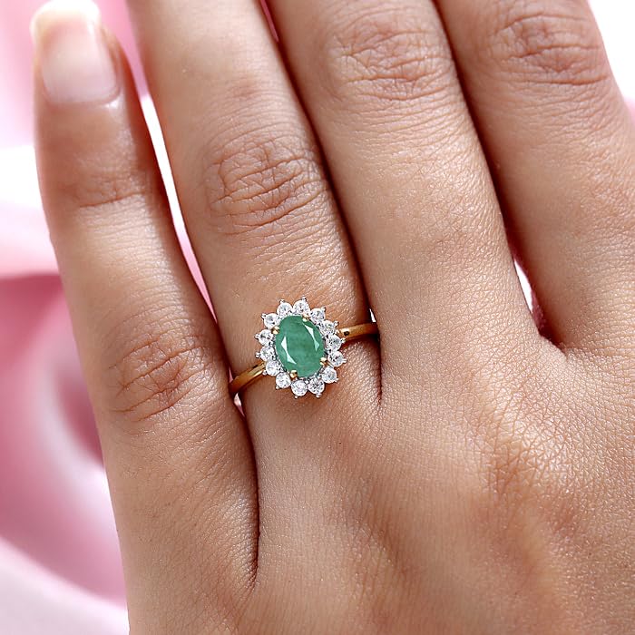 Image of Emerald May Birthstone Princess Diana Inspired Halo Ring in 18K Yellow Gold Vermeil Overlay Sterling Silver for Women | 12 Birthstones | Royal Radiance (GH0174E-Emerald Ring 16)