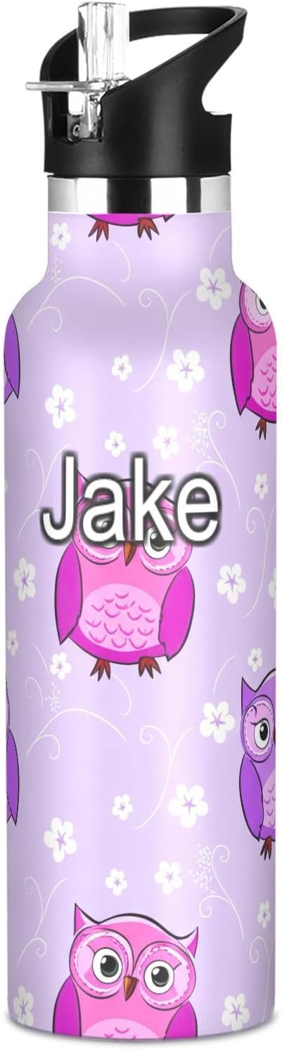 Botella de agua personalizada para niños, botella de 20 onzas para niños y niñas, sin BPA, lindos búhos de dibujos animados, morado claro