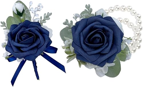 CherishedMoments Juego de ramillete y boutonniere, rosa azul oscuro, hecho a mano, ramillete de muñeca y boutonniere de novio para boda junto al