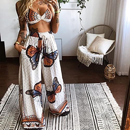 Women 2 Piece Boho Outfits Summer Bohemian Butterfly Printed Sexy Crop Tops  + Wide Leg Loose Palazzo Pants, 01 # Butterfly White, S: Buy Online at Best  Price in UAE - Amazon.ae