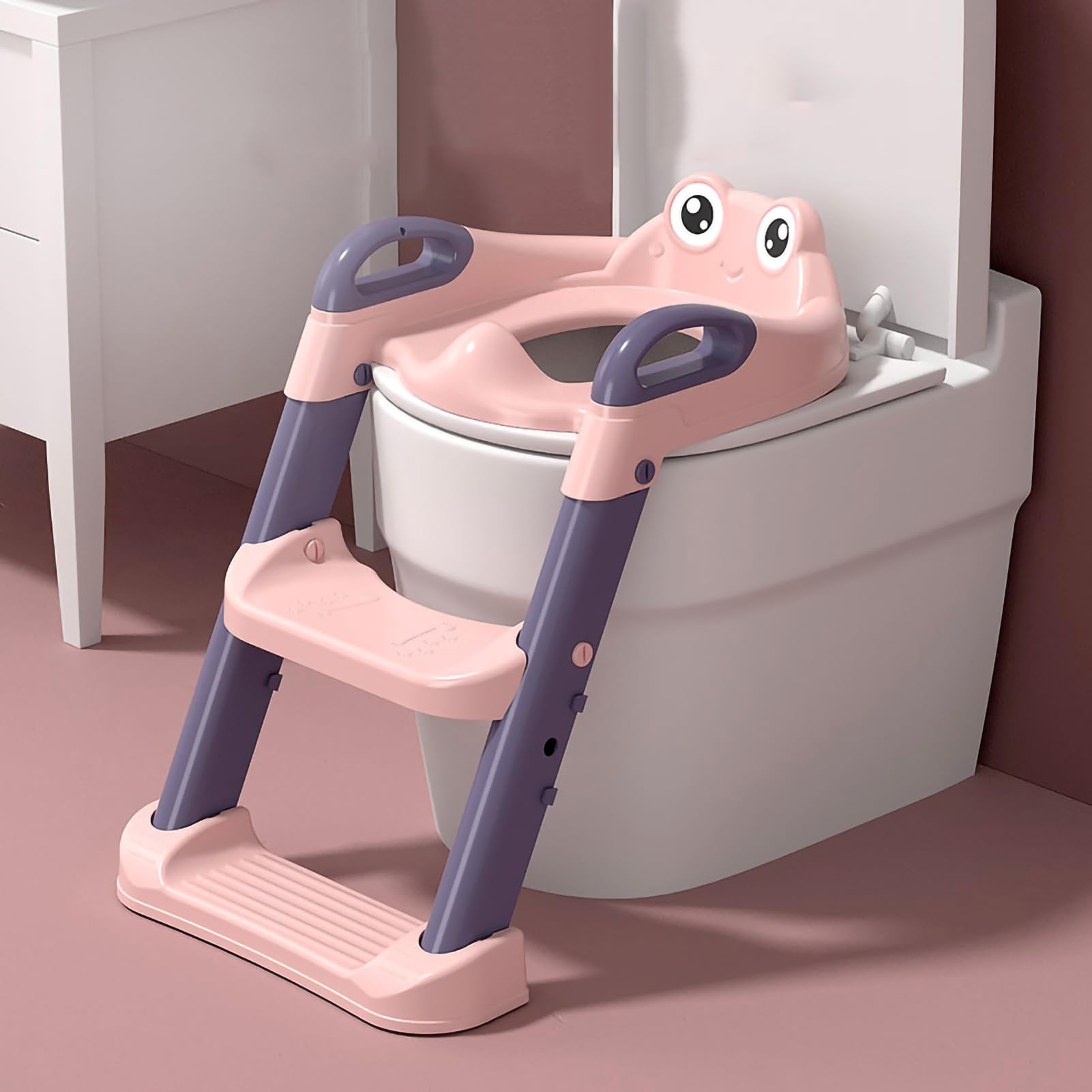 Generic Taburete Ajustable con Asiento de Entrenamiento para Orinal de bebé con Escalera Plegable, Asiento Suave para Niños Pequeños, Material PP + PU (PINK)