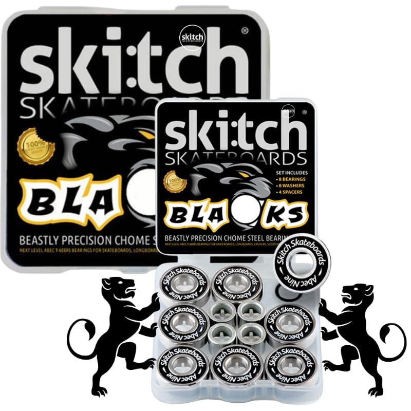 SKITCH Precision Fast Spin Bearings Set | 8 Pack 608 2RS ABEC 9 Chrome Steel Deep Groove Ball Bearing Set for Skateboards, Longboards, Inline Skates, Scooters | + Washers + Spacers | 8mm x 22mm x 7mm