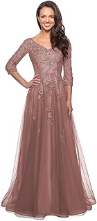 Miao Duo Women's Floral Lace Appliques 3/4 Sleeve Mother of The Bride Dresses Long V Neck Formal Dresses with Pockets YZTS028