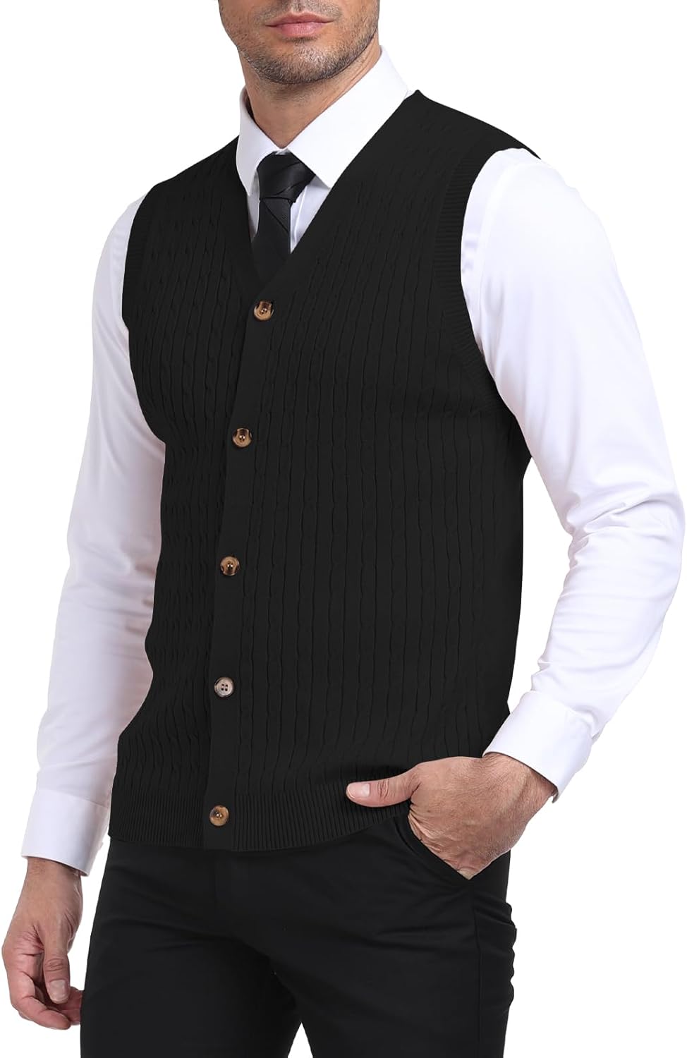 YTD Men's Sleeveless Sweater Vest V-Neck Casual Cable Knit Button Down Cardigan Vest - Image 2