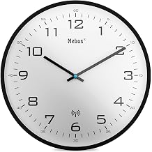 Mebus Radio Controlled Wall Clock 30cm Silent Black Frame White Dial Model 13079 - Large and Clear Display, Black