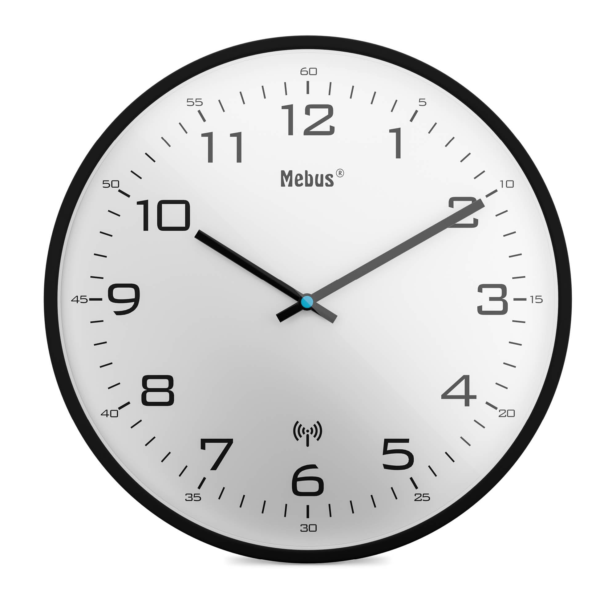 Mebus Funk-Wanduhr, 30 cm, lautlos, schwarzer Rahmen, weißes Zifferblatt, Modell 13079 - Große und klare Anzeige, Schwarz