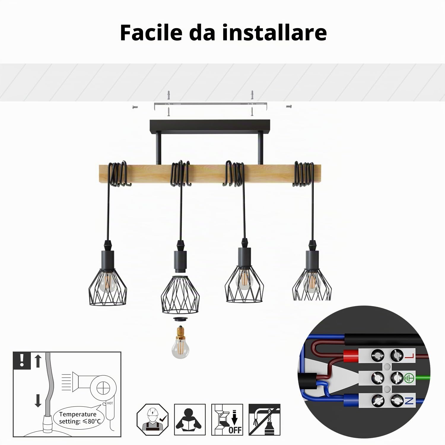 LVWIT Lampadario Sospensione E14, Lampade a Sospensione Rustici con 4 Luci, Lampadario Camera da Letto Nero, Base di Legno, Lampadari per Cucina, Sala da Pranzo, Soggiorno (Senza Lampadina)