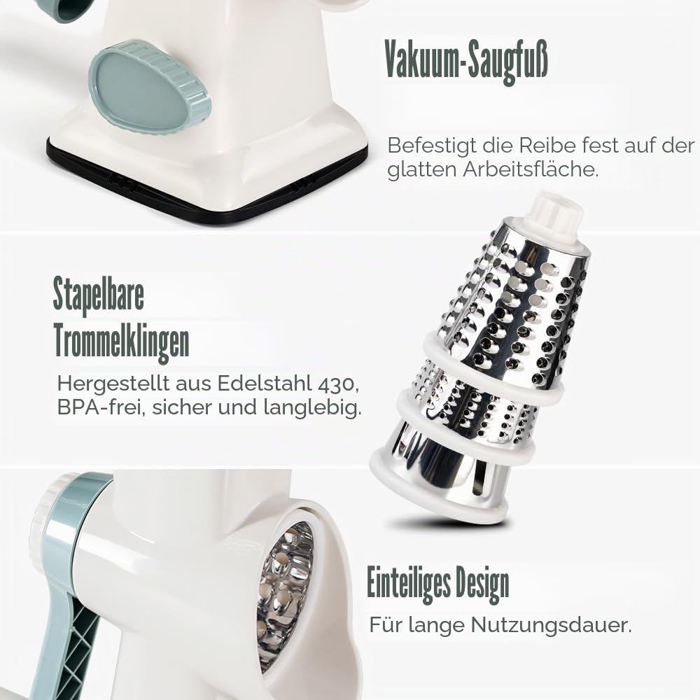 KEOUKE Käsereibe Mit Kurbel Trommelreibe Reibe Mit Griff Gemüse Käse Shredder Slicer Reibe Für Küche 3 Wechselklingen Für Käse Kartoffel Zucchini Nüsse Schokolade (Weiß - Blau)