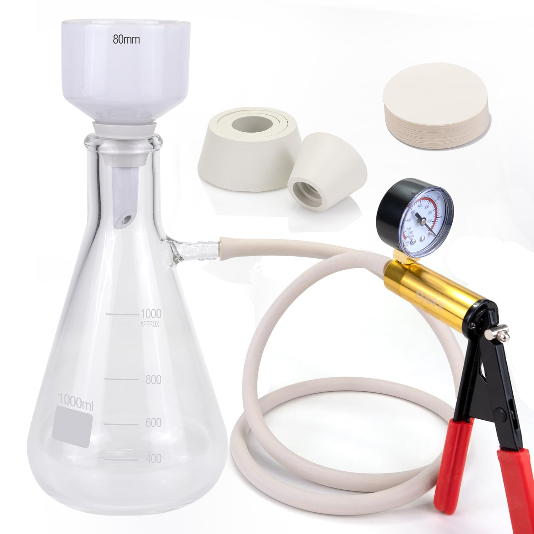 Kit de Filtrado al Vacío Buchner Funnel 1000 mL, Bomba de Vacío Manual, Embudo Buchner de 80 mm, 100 papeles de filtro, manguera de goma y tapones para el Laboratorio | 1000 ml de pistón de filtro, bomba de vacío manual, embudo Buchner de 80 mm, 100 papel