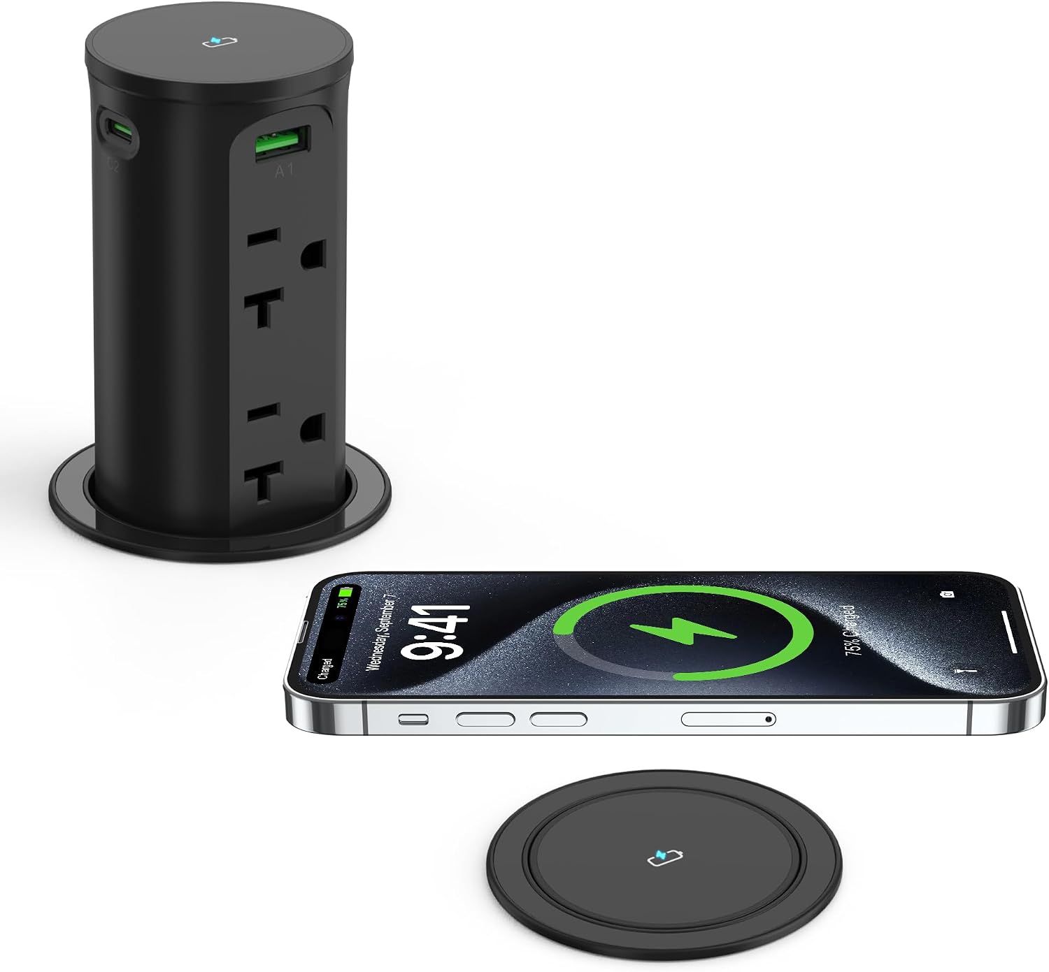 20Amp Pop Up Outlet for Countertop,15W Wireless Charging Pad,2.5'' Hole,GaN 65W USB C,4 Outlets,4 USB,Space Saver for Desk,12 AWG Extension Cord,2500W,ETL Listed (Black)