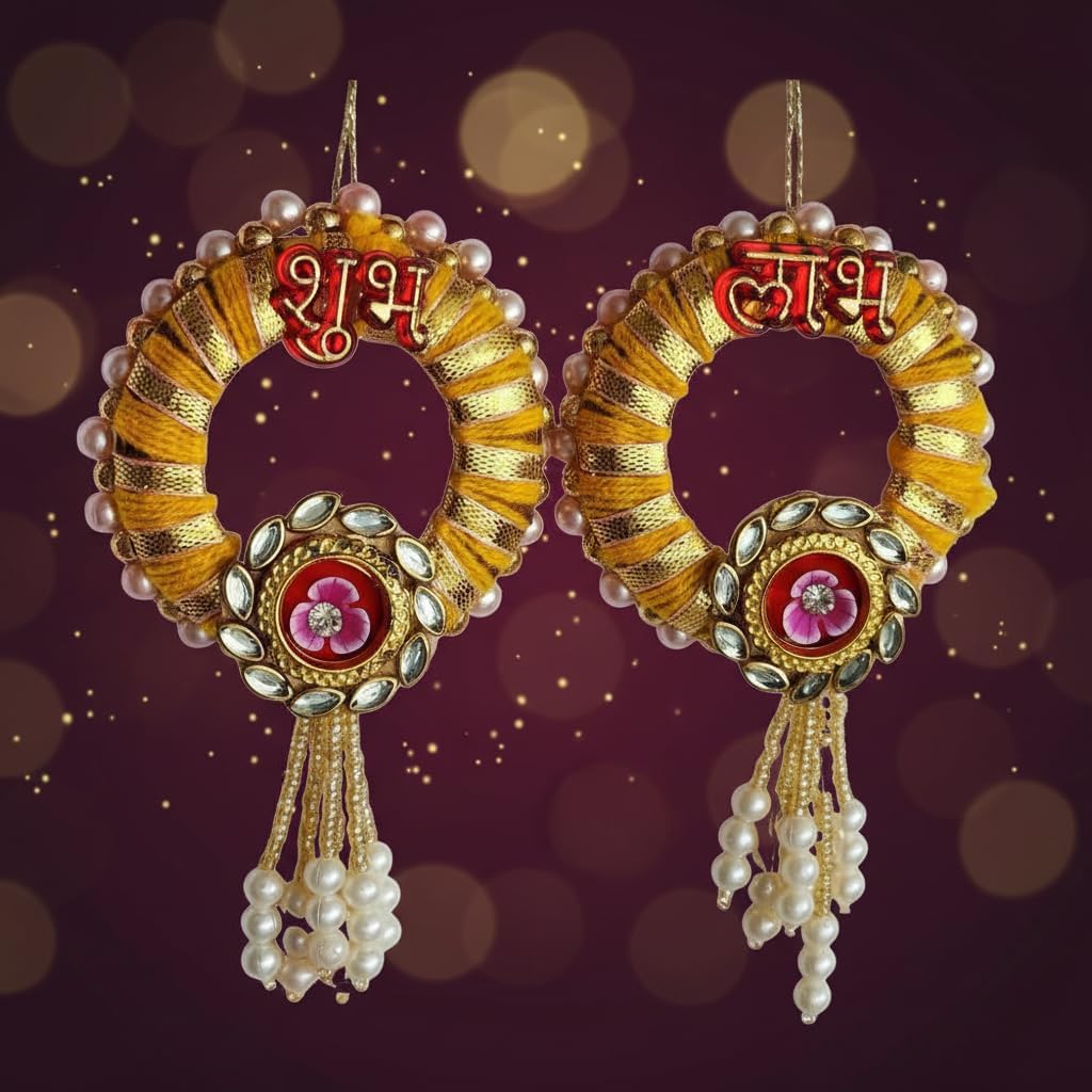 Handmade Shubh Labh Wall Hanging Multicolour (Set of 4 Pairs) | Traditional Door Toran with Kundan, Pearl Tassels & Beads | Diwali Festival, Wedding, Temple & Home Entrance Decor Gift