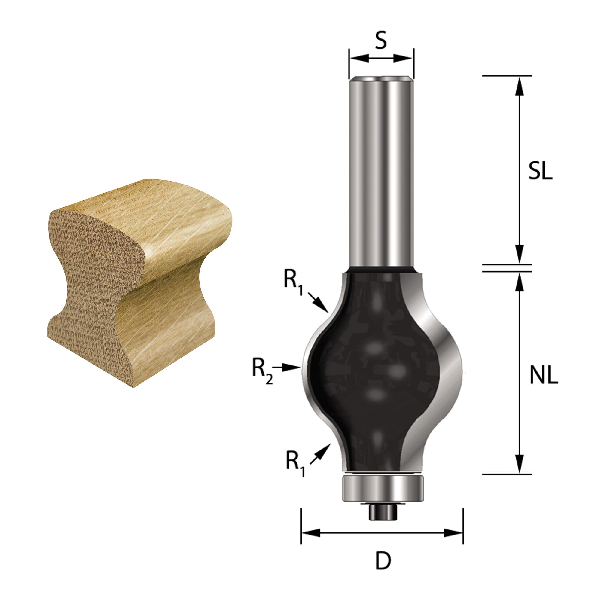 ENT 16800 Frez do poreczy profil 3 w wegliku, trzpien (S) 12 mm, srednica (D) 31,8 mm, NL 38,1 mm, R1 9,5 mm, R2 12,7 mm, SL 40 mm
