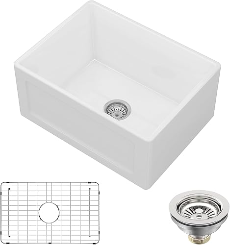 Miniatura 6 de Fregadero de cocina de cerámica de 24 pulgadas, fregadero frontal reversible blanco con delantal, fregadero de cocina de un solo tazón con rejilla
