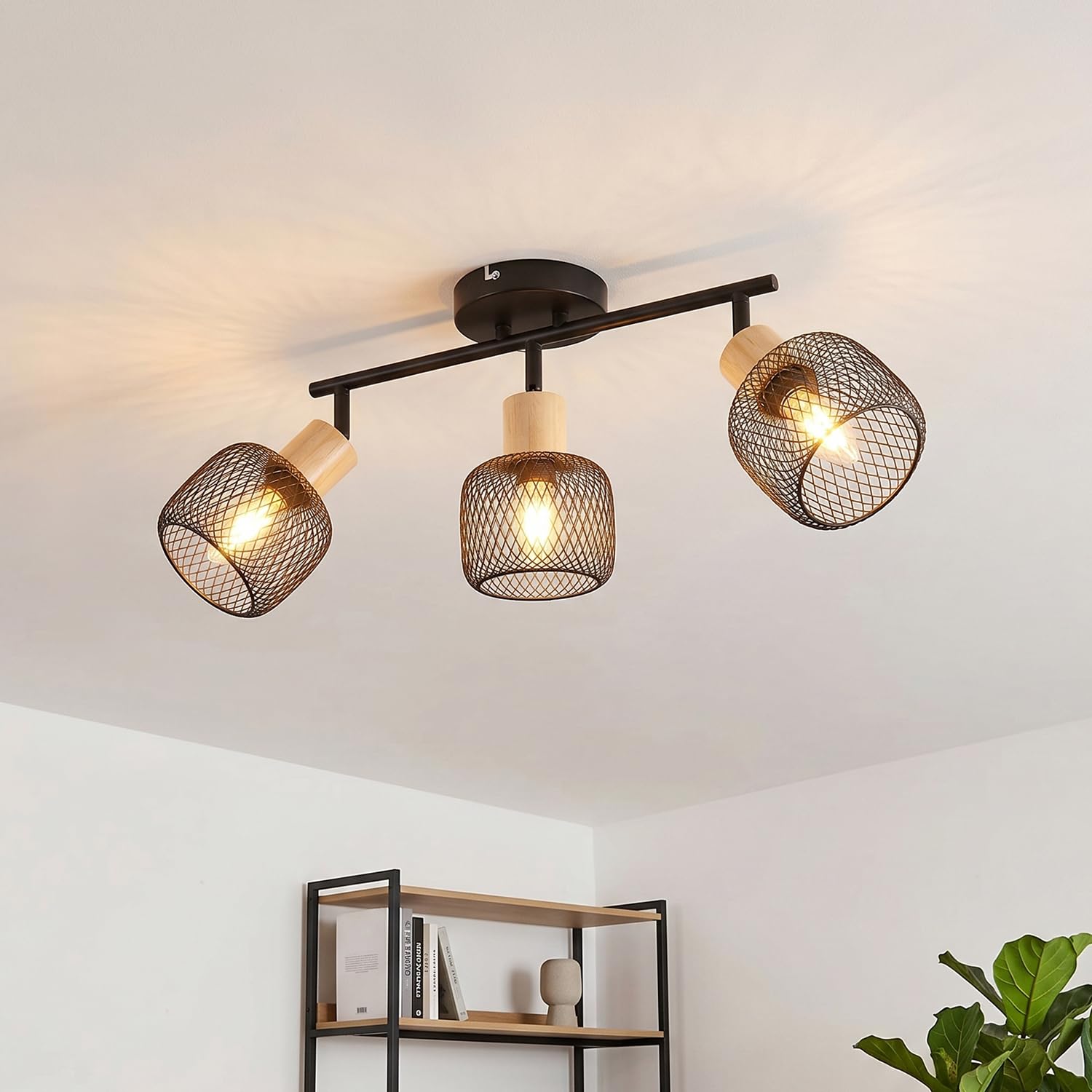 ANWIO 3 Way Spotlights Ceiling Lights, Adjustable Black Kitchen Lights Ceiling E14, Cage Light Fittings, Metal Spot Lights for Living Room Bedroom Hallway Dining Room, Bulb Not Included