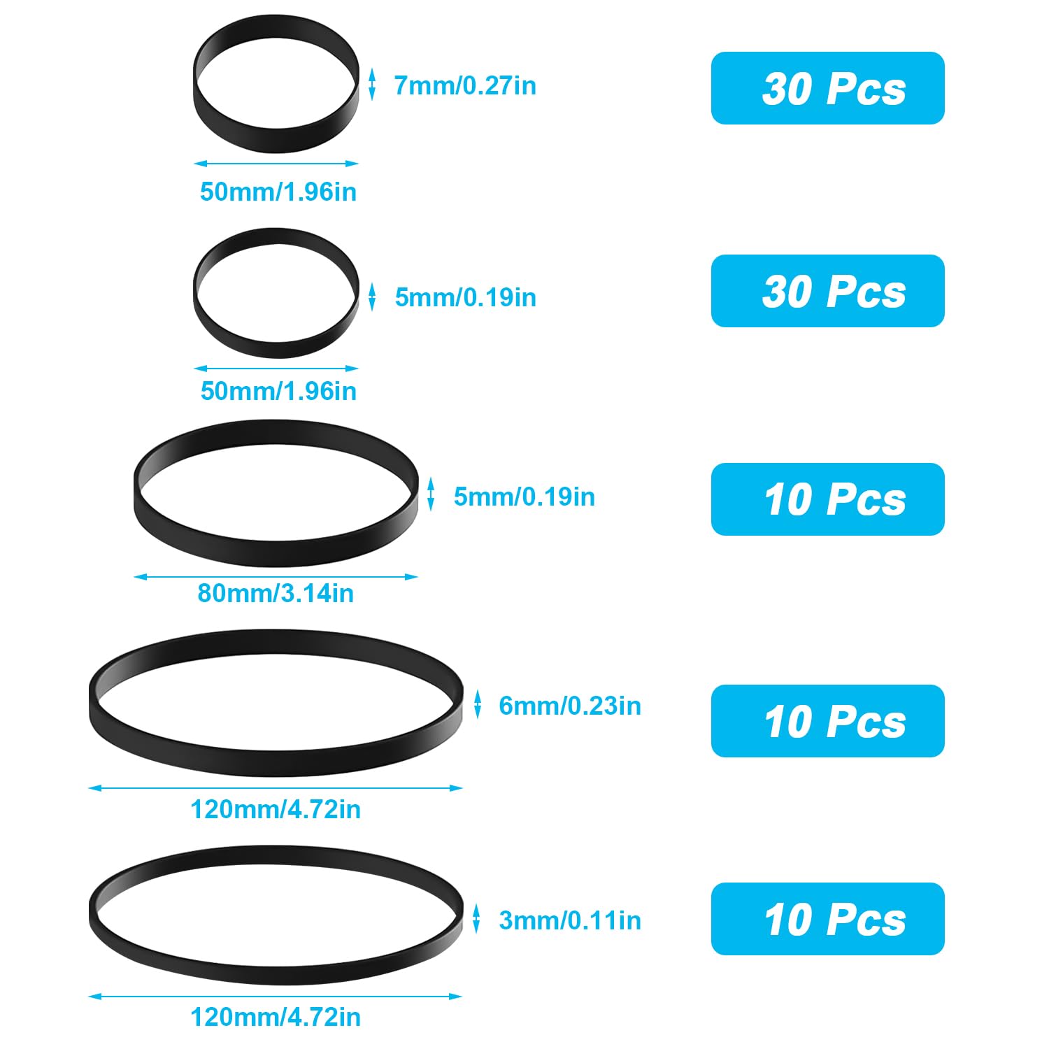 TYFYH 90Pcs Elastic Bands Heavy Duty 5 Sizes of Tactical Rubber Bands, Large Black Extra Wide Rubber Bands, Trash Can Band - Image 2