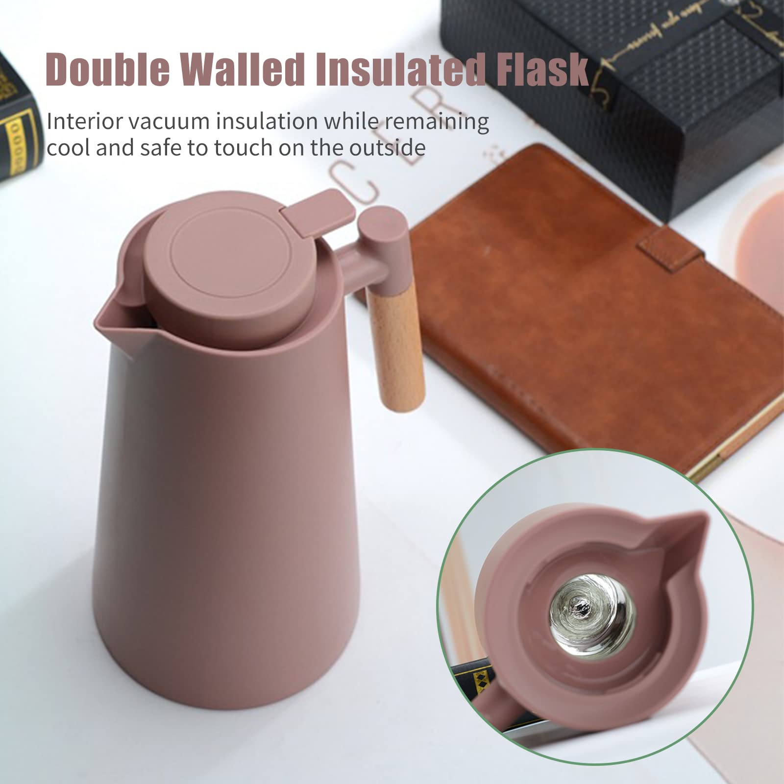 ERYUE 1L Carafe à café thermique Double paroi Thermos Pot avec manche en bois
