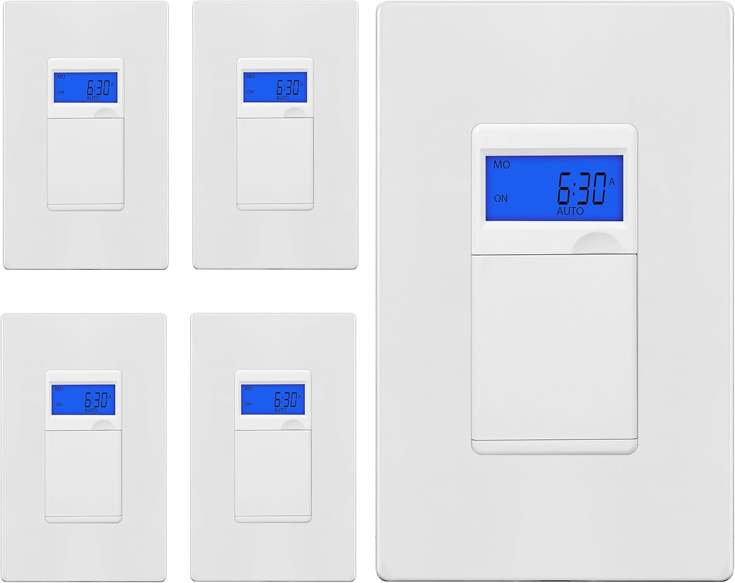 Enerlites HET01 7 Days Digital in-Wall Programmable Timer Switch with Blue Backlight, White, 5-Pack