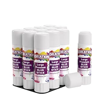 Colorations Large Premium White Washable Glue Sticks in a Tray, Set of 12 | Ages 4+, PreK+, 0.88 oz Each, Glues Dries Clear & Is Acid-Free, Non-Toxic, School & Home Craft Projects