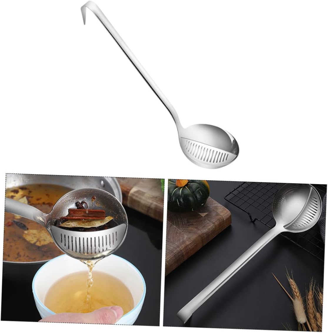 PRETYZOOM Stainless Steel Soup Ladle Fat Oil Separator with Strainer 12.40 in Deep Filtering Spoon for Hot Pot Broth Fried Foods Wonton Kitchen Serving