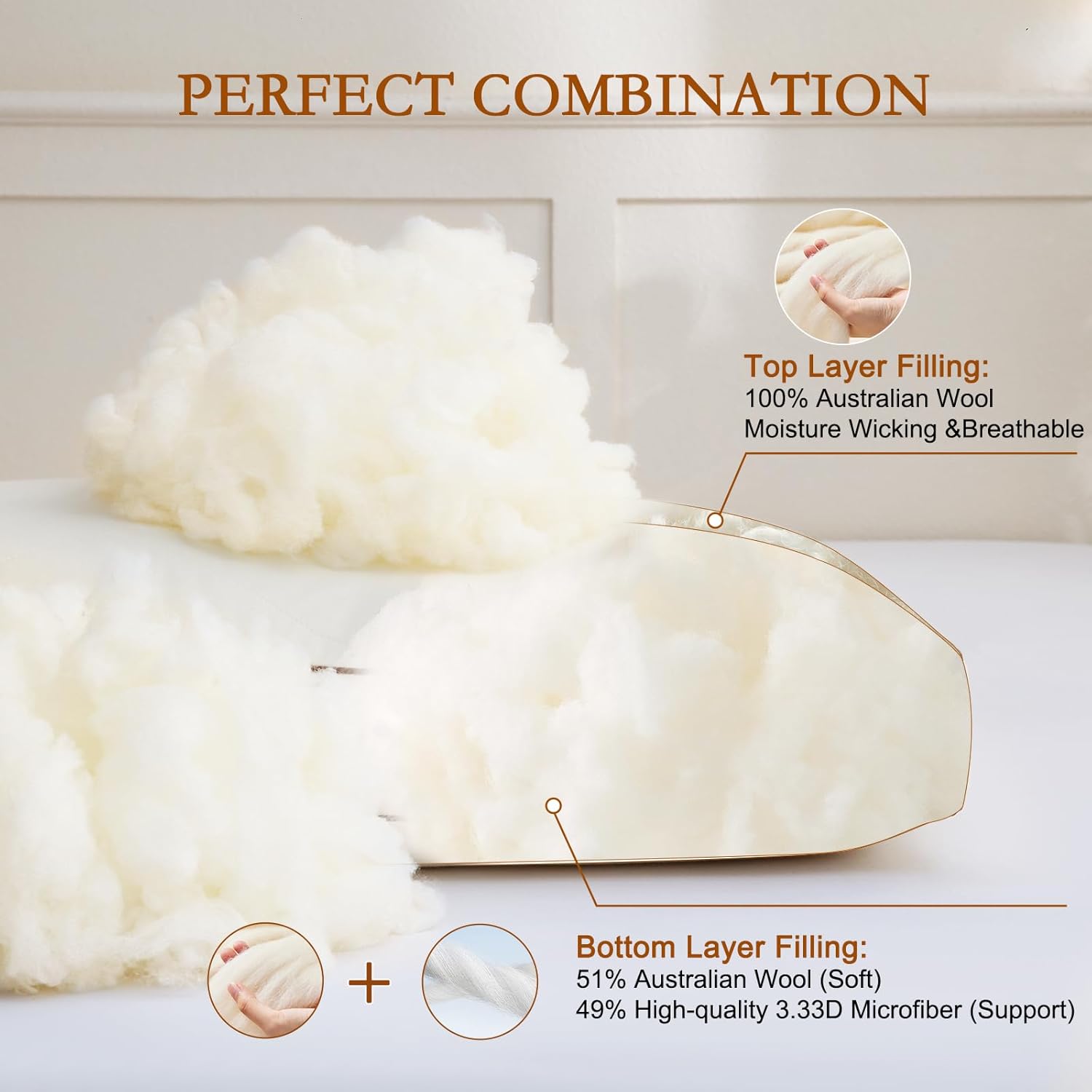 YOUR MOON Organic Wool Pillow Queen Size, Soft Support Bed Pillows for Sleeping, Natural Australian Wool Filling with 100% Cotton Cover, Down Alternative Pillows (Off White)