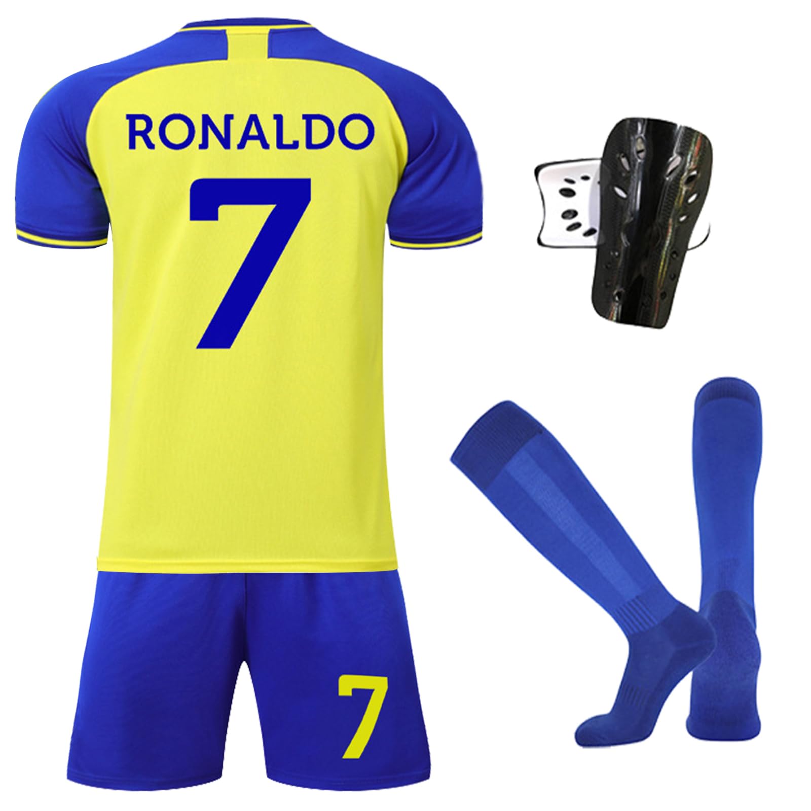 Ronronner Conjunto de fútbol de jersey para niños con camiseta, pantalones cortos y calcetines, camiseta amarilla de manga corta con el número 7, para adultos y niños