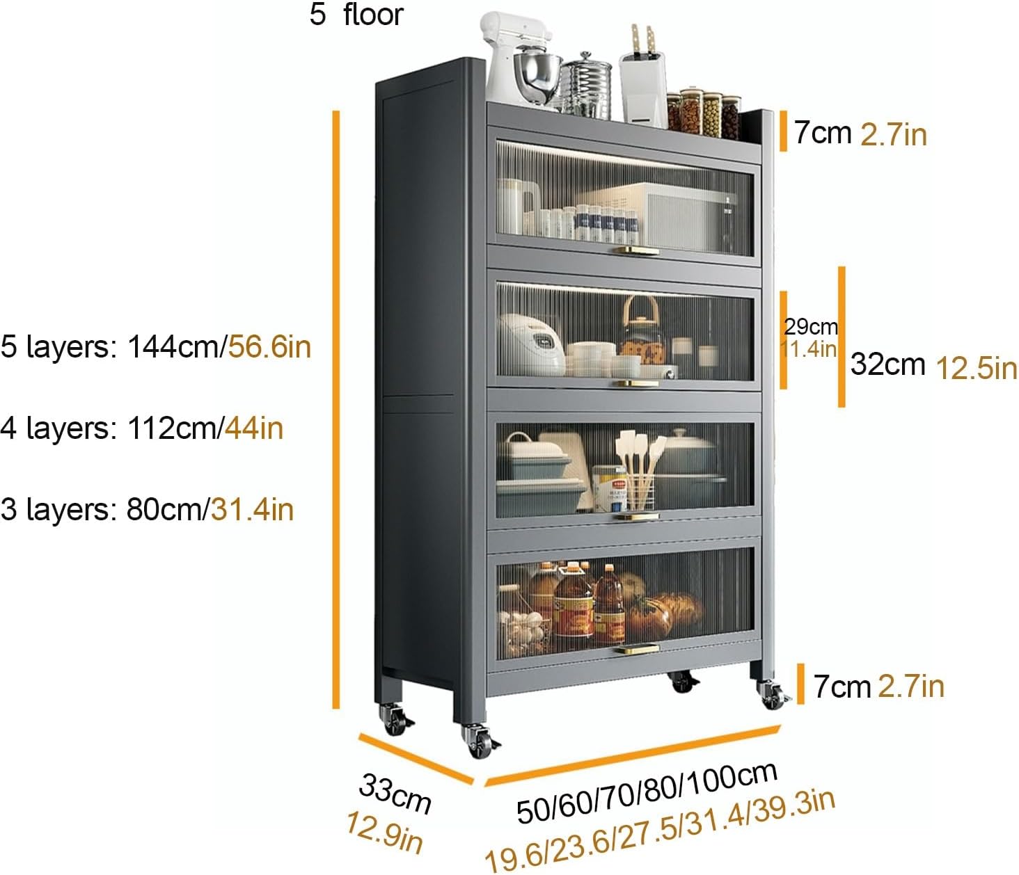Microwave Stand Rack with Storage Cabinet, Kitchen Organizer Shelf with Casters, Bakers Rack with Flip Door, Ideal for Kitchen & Dining Room Space-Saving Solution