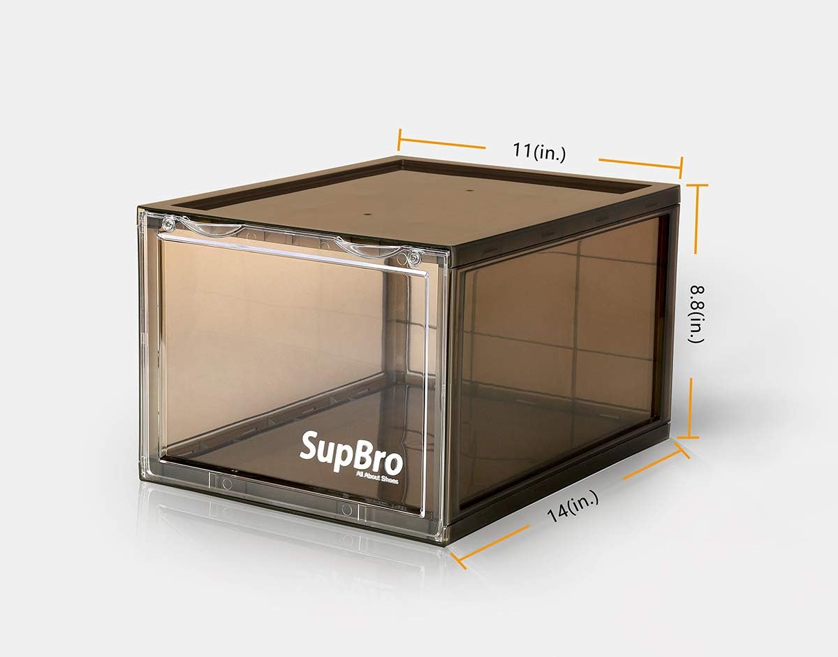 SupBro Collection Crate - Easy Access Storage Shoes Box -Plastic Foldable Stackable Sneaker Display Storage with Clear Front Door Organizer-2 Pack (Steel Flash)