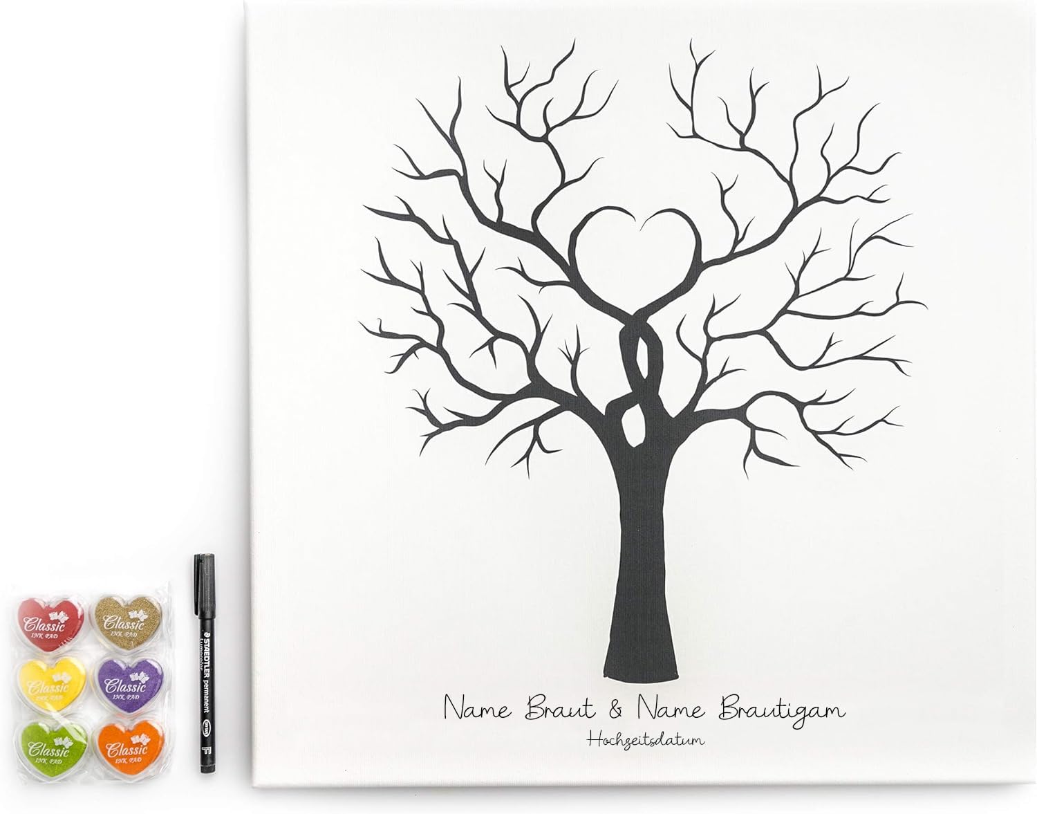 codiarts. personalisierte Leinwand für Fingerabdrücke - Party - Hochzeit - Jubiläum - Geburtstag - als Gästebuch mit Stempelkissen und Stift (Baum, 50 x 50 cm, Bespannte Leinwand)