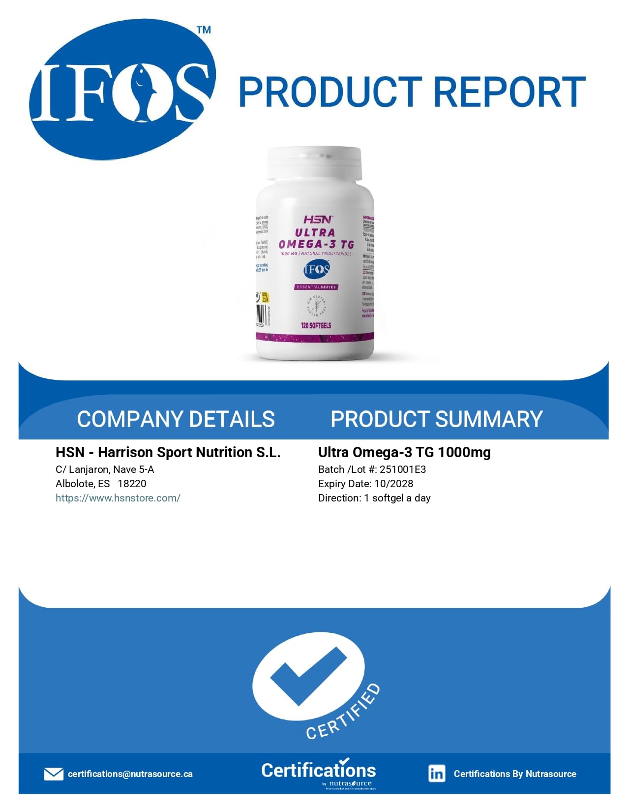 HSN Ultra Omega 3 TG IFOS 5 Estrellas | 120 Perlas | 1000mg Aceite de Pescado por Perla con 350mg EPA + 250mg DHA – Alta Absorción en Forma de Triglicéridos – Certificado Sin Metales Pesados