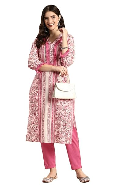Arayna Women’s Pure Cotton Block Printed Ethnic Wear Kurta Set with Palazzo, Intricate Embroidery and Fringed Detailing