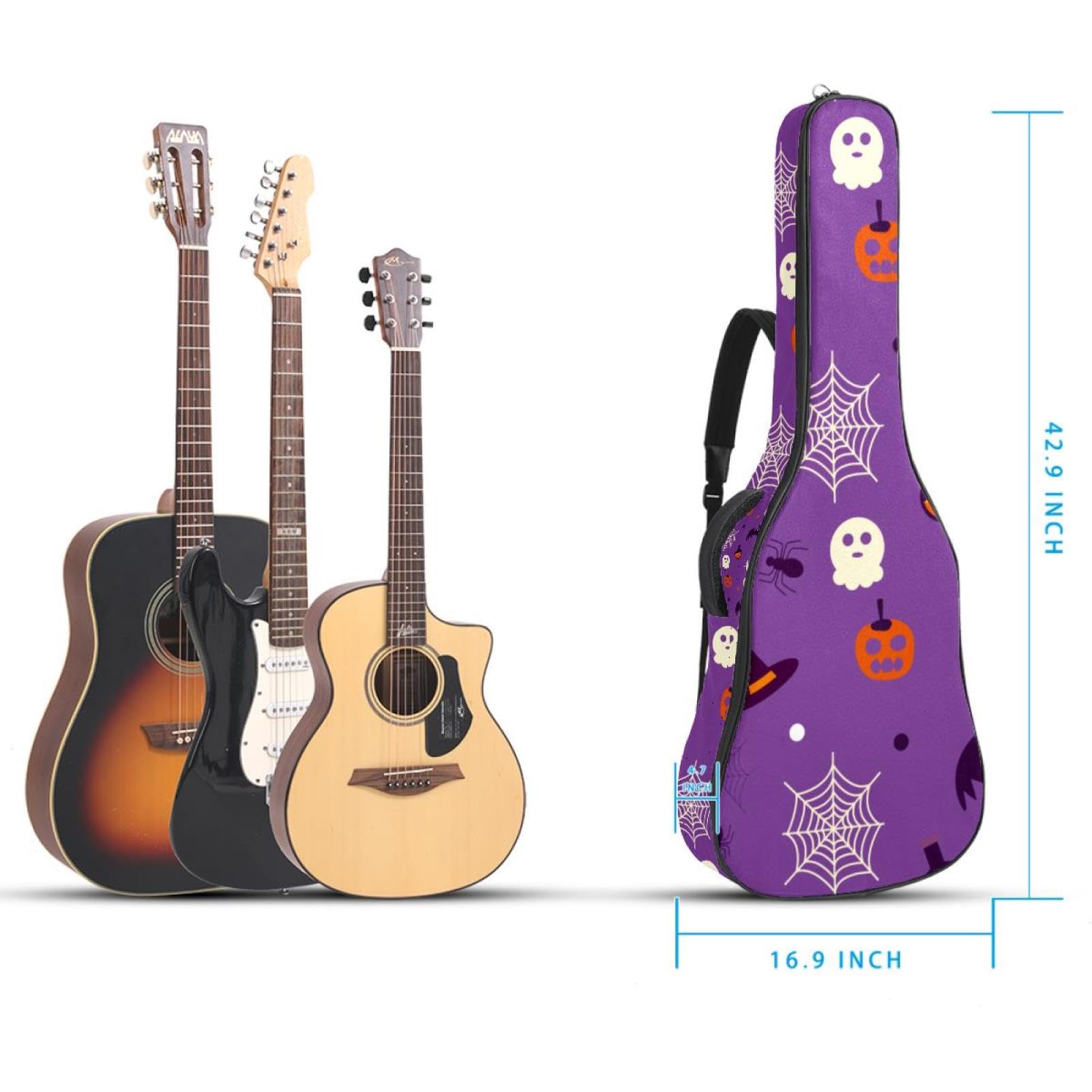 Torba na gitarę akustyczną Wodoodporny plecak na gitary Gruby miękki wyściełany Halloween Klasyczna obudowa na gitarę, wielobarwny, 42.9x16.9x4.7 in, Organizer do torby