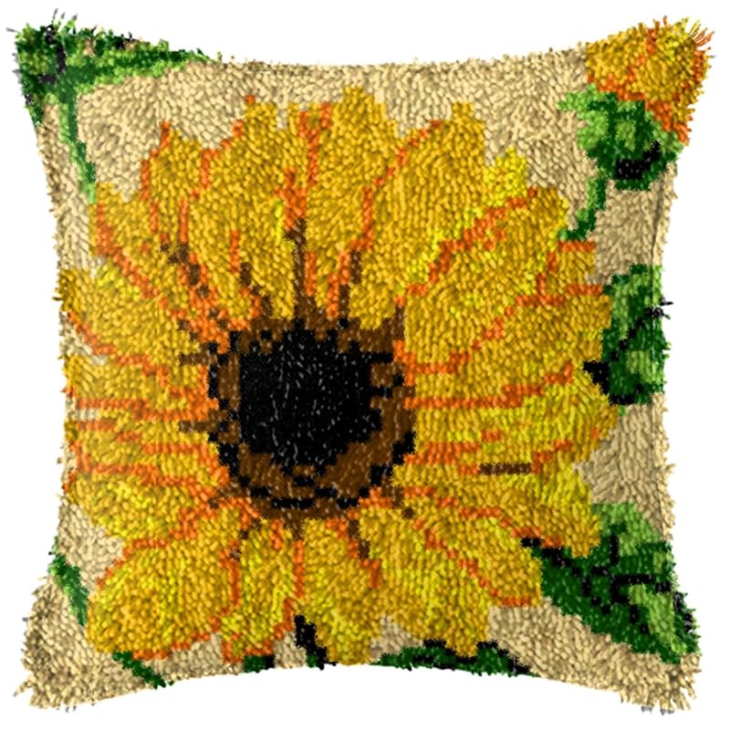 YEESAM ART Latch Hook Cushion Kits for Adults & Beginners, Sunflower Pre-Printed Latch Hooking Pillow Kit, DIY Embroidery Set Pillowcase for Home Sofa Decor Idea