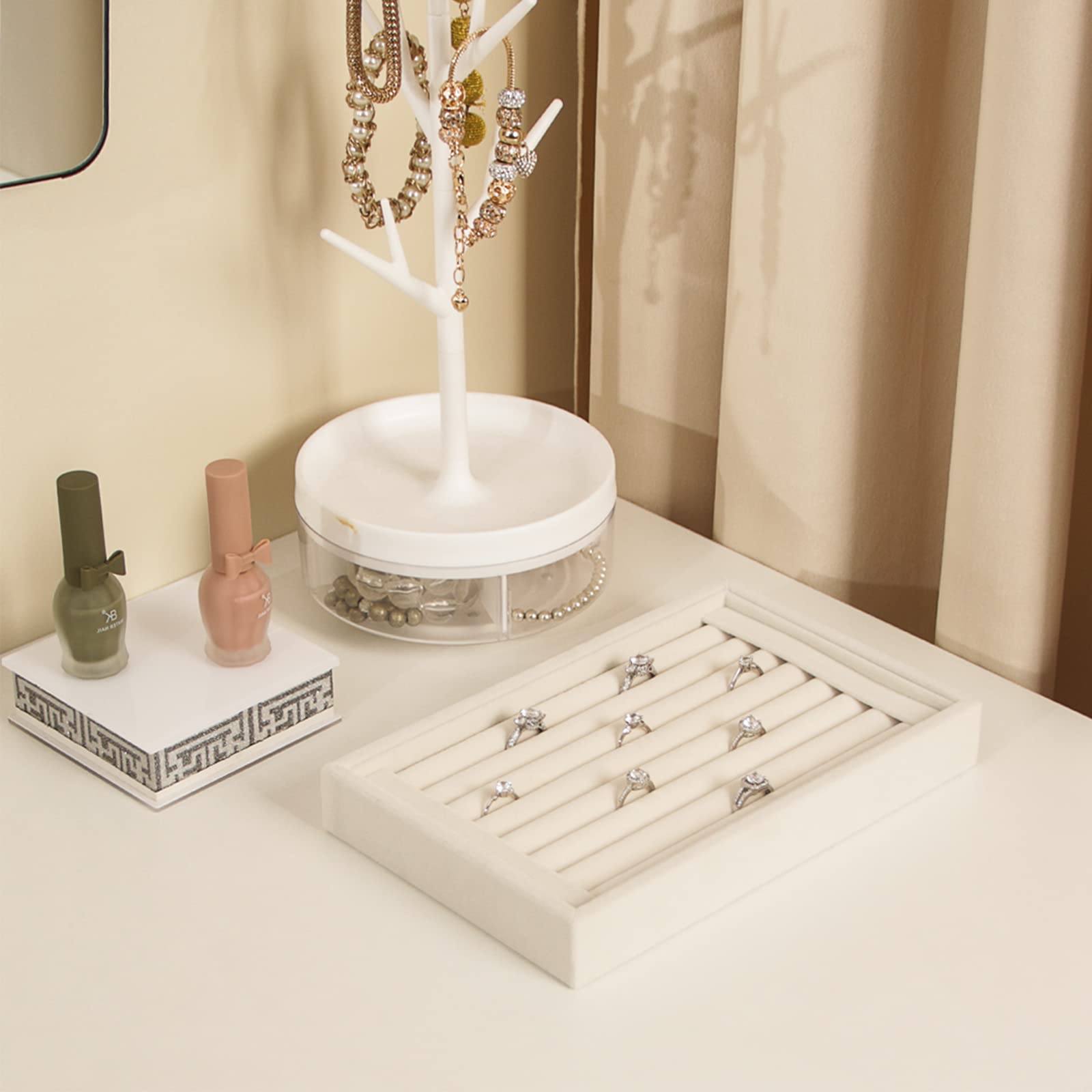 Pangkeep Soporte para anillos, bandeja organizadora de joyas, soportes para vender anillos y pendientes (beige)