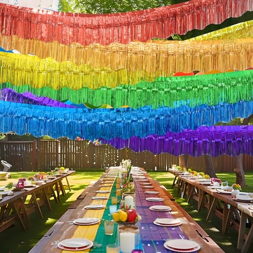 Image of LOLStar Rainbow Foil Fringe Tinsel Garland, Streamers Banner, 6 Pack | 60Ft Tinsel Streamers, Shiny Rainbow Tinsel Fringe Banners for Birthday, Pride Month, Parade Floats, Wedding Decor