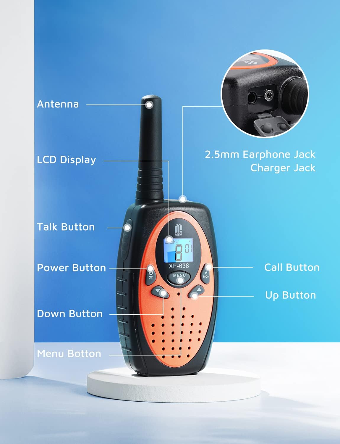 Diagram of MTM Walkie Talkie XF-638 with labeled parts: Antenna, LCD Display, Talk Button, Power Button, Down Button, Menu Button, 2.5mm Earphone Jack/Charger Jack, Call Button, Up Button