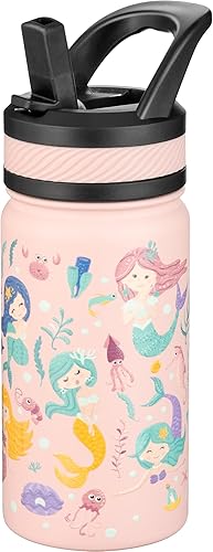 Fanhaw Botella de Agua Aislada para Niños de 14 Oz con Pajita - Taza de Acero Inoxidable de Doble Pared al Vacío, A Prueba de Fugas, Sin BPA,