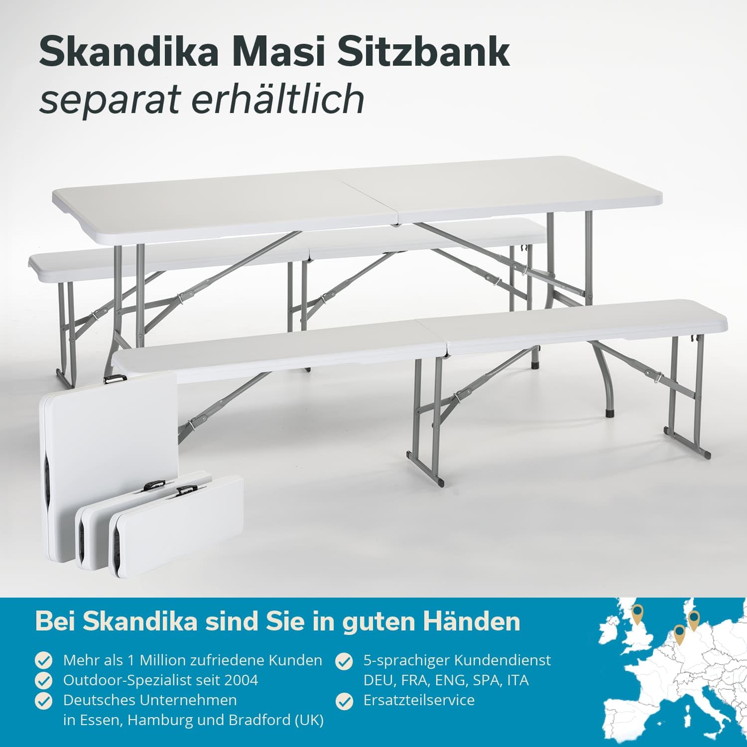 Skandika Masi Tavolo pieghevole/panca pieghevole/set tavolo e panche| panca fino a 300 kg, tavolo da giardino fino a 200 kg di portata, materiale HDPE riciclato (tavolo bianco)