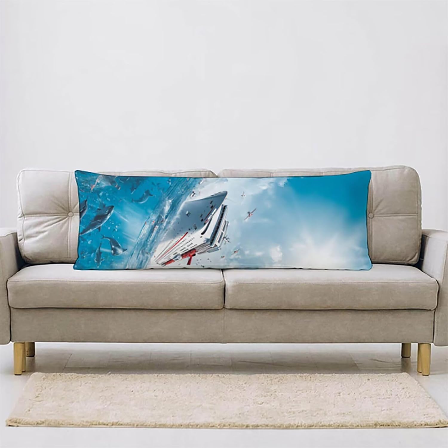 Blue Body Pillow Cover, Boat Long Pillow Cases with Hidden Zipper, Waterproof Linen Cushion Covers, Double-Sided Printing, Outdoor Cushion Covers for Bedroom Spring Room Decor 60x20in 1-5384