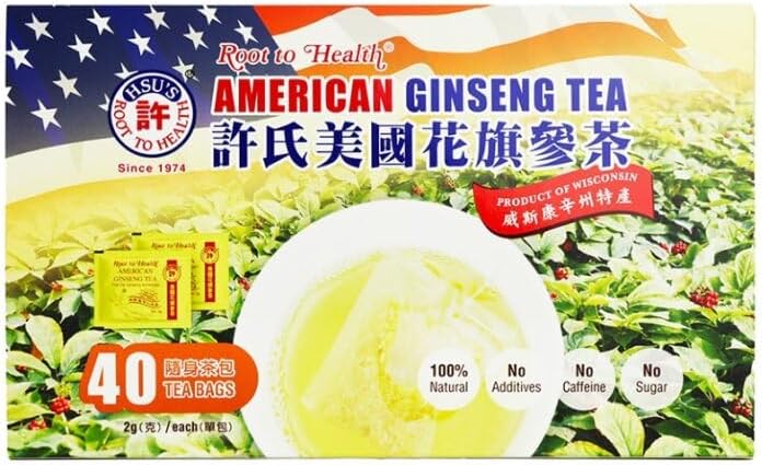 Hsu’s American Ginseng Tea Bags | 100% Wisconsin-Cultivated Caffeine Free, Vegan, Gluten Free Herbal Wellness Tea- 40 bags
