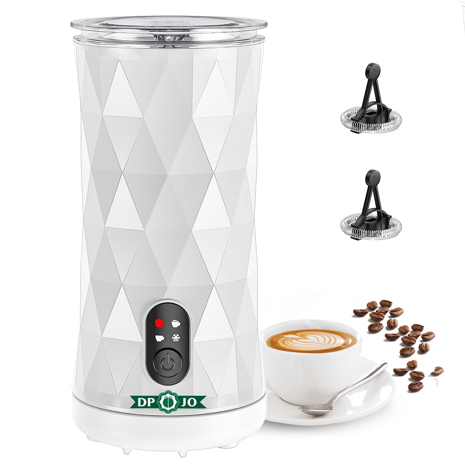 DPJO Milk Frother, 4-in-1 Electric Frother for Coffee, Non-Slip Stylish Design, Auto Shut-Off, Silent Operation, Hot & Cold Milk Steamer with Temperature Control, for Cappuccino, Latte (White)