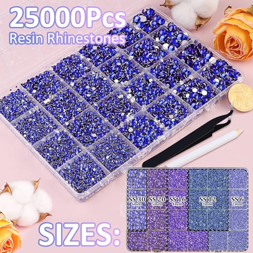 Image of 25000Pcs Resin Rhinestones for Crafting, Royal Blue 2-6mm Mixed Sizes Non Hotfix Flatback Gems with 1Pcs Glue, Bedazzling Crystal for DIY Craft Clothing Mugs Tumblers Shoes Fabric Decor Nail Art