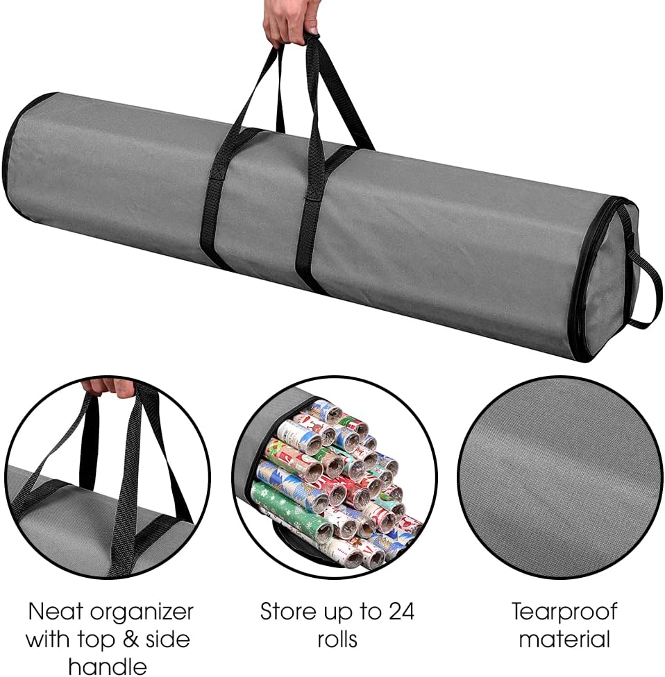 ProPik Wrapping Paper Storage Bag | Gift Wrap Holder Organizer | 2 Pack Store Up to 48 Rolls 40 Inch Long | Heavy Duty 600D Oxford Material Holiday Container | Top & side handles (Gray) image 2