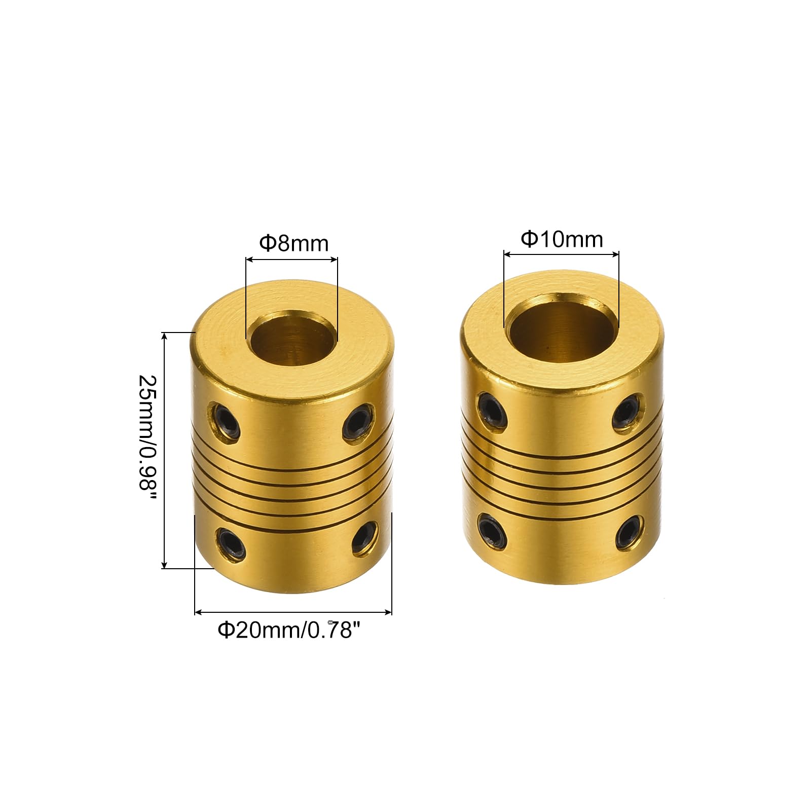 QUARKZMAN 5 Piezas de Acoplamiento Flexible L25xD20 de Aleación de Aluminio de 8mm a 10mm para Codificadores y Motores, Dorado