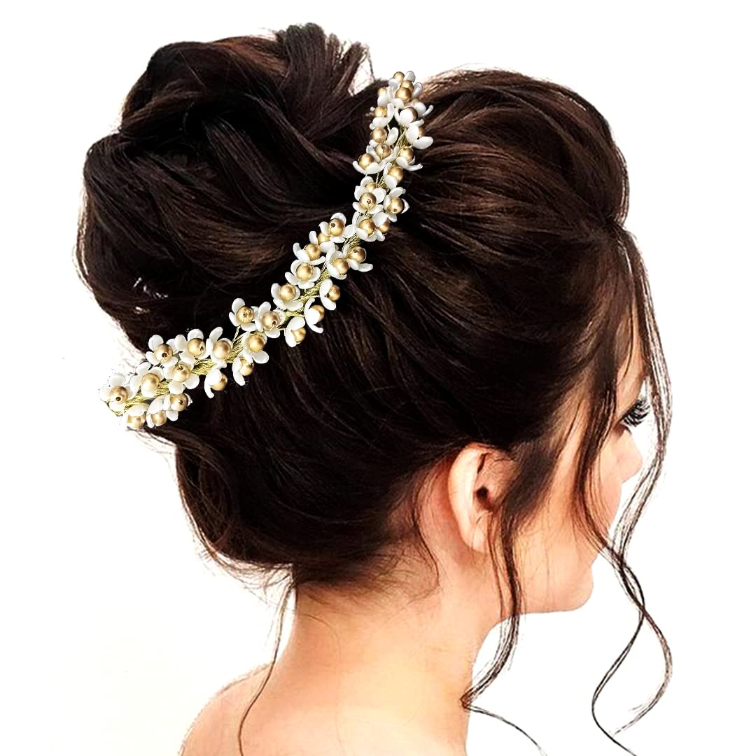 Golden Pearls with White Flowers Hair Vein/Juda Bun Pin/Hair Accessories for Women and Girls-2498, Pack of 1-image-19